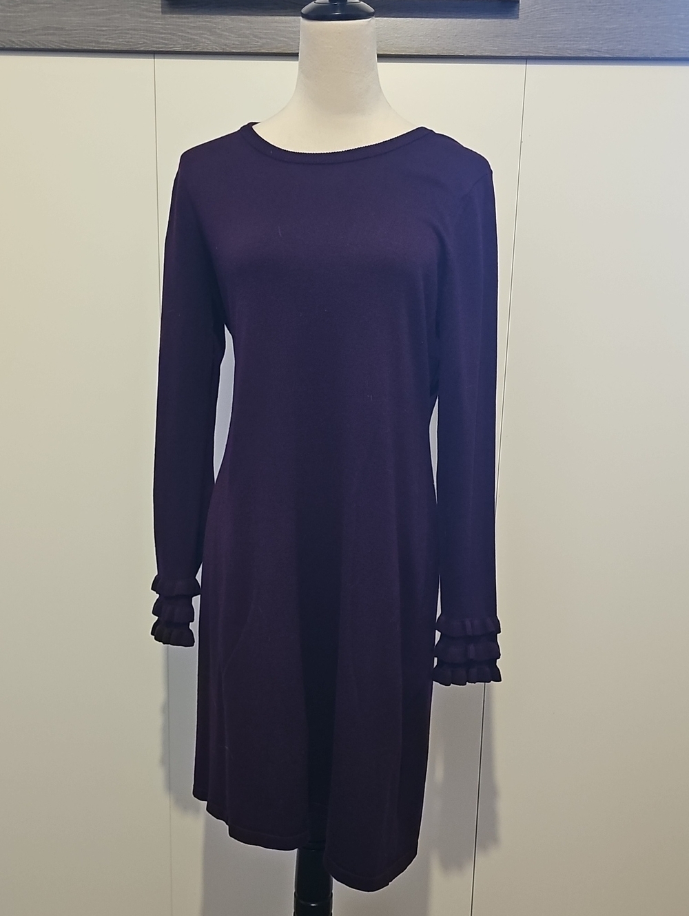 Calvin Klein Deep Plum Long Sleeve Ruffle Cuff Dress